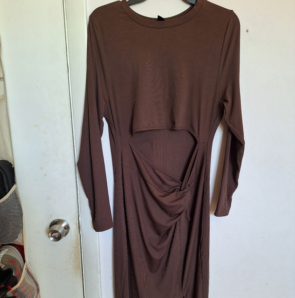 SHEIN 2XL Chocolate Brown Cut Out Twist Split Bodycon Dress - Picture 14 of 17